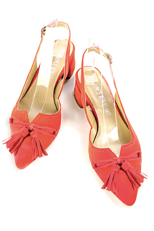 Coral orange women's open back shoes, with a knot. Tapered toe. Low flare heels. Top view - Florence KOOIJMAN
